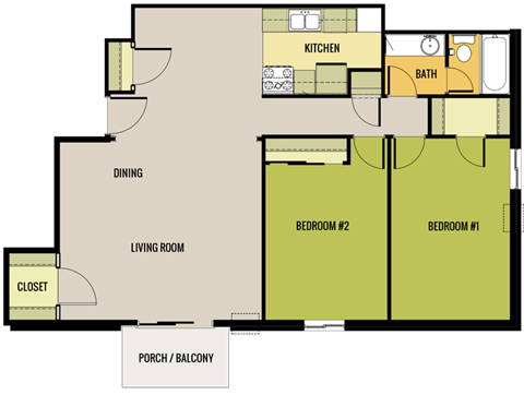 Floor plan for 2 beds, 1 bath, 900 sqft